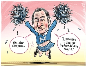 TV host Mike Hosking dressed as a National Party cheerleader promising to change before the election debate