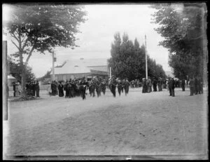 Band marching in tree-lined street