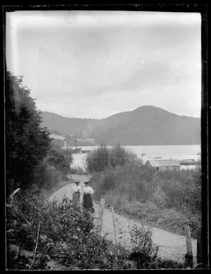 Woman on footpath, harbour and hills in background
