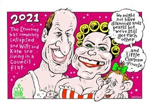 2021 - the economy has completely collapsed and Wills and Kate are living in a council flat. "We might not have diamonds and pearls but we still have each other ...and little Charlene of course." 13 December 2010