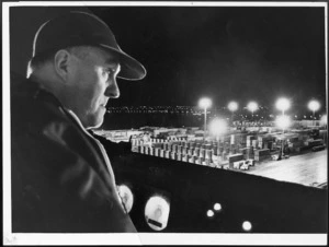 Captain McPhail on the container ship ACT 7 supervising the boat's departure from Auckland's container terminal