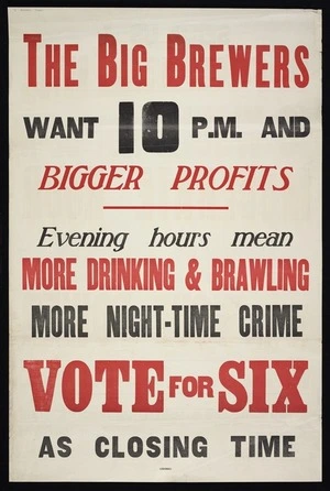 New Zealand Alliance for the Abolition of the Liquor Traffic: The big brewers want 10 p.m. and bigger profits...Vote for six as closing time. [1949].