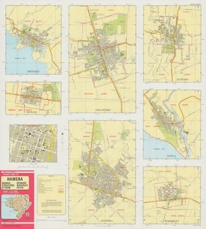 Street map of Hawera, Manaia, Opunake, Stratford, Waverley, Eltham, Patea, scale 1:15 000 (1 cm. to 150 metres).