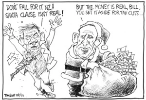 Bill English exhorts New Zealanders not to believe Andrew Little is Santa Claus as he holds a sack of government money