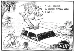 Donald Trump denying climate change exists as he stands on a car rooftop amidst the Texas floods