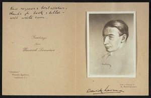 [Card]. Christmas 1937. Greetings from Warwick Lawrence, "Glenalvon", Waterloo Quadrant, Auckland, C.1. [Portrait], Warwick Lawrence, from a drawing by A Barns-Graham.