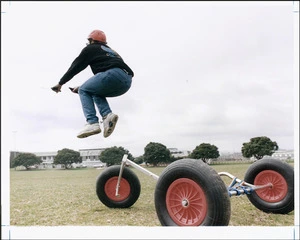 Craig Bush being pulled by the kite off a kite buggy designed by Peter Lynn - Photograph taken by John Nicholson