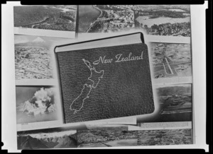 Whites pictorial reference of New Zealand with outline of map of New Zealand embossed on the cover sitting in front of a background of Whites Aviation images