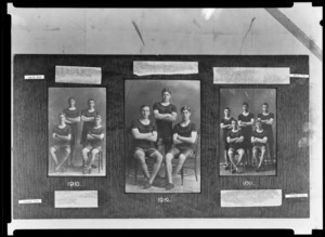 Three prints of student athletes on album page, King's College, Remuera, Auckland