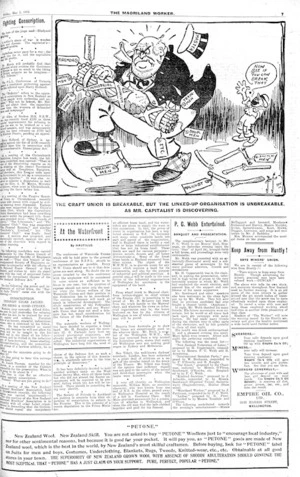 Cartoonist unknown :A stick the boss can't break. Maoriland Worker, 3 May 1912 (page 7).