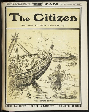 Hiscocks, Ercildoune Frederick, fl 1899-1940s :The skipper's return. The Citizen (Wellington), 8 October 1909 (front page).