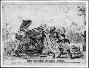 Cartoonist unknown :The Chinese bubble burst, or the flight of the Chinese ambassador on hearing of the success of the West Coast expedition. Dunedin Punch, 28 October 1865 (p.157).