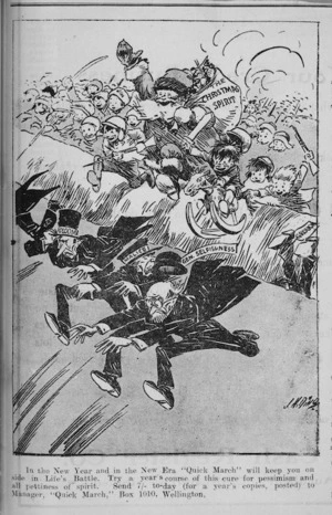 Cartoonist unknown :[The Christmas spirit chases away gloom, malice and gen. selfishness]. Quick March, January 1919.