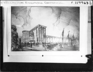 Photograph of a drawing of the Australian Pavilion erected at the New Zealand Centennial Exhibition in Wellington