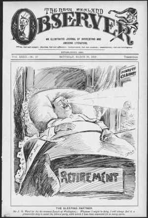 Blomfield, William, 1866-1938 :The sleeping partner. New Zealand Observer, 30 March 1912 (front page).