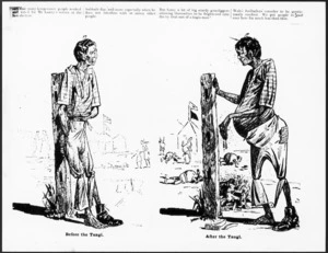 Cartoonist unknown :Before the tangi. After the tangi. New Zealand Observer and Free Lance, 13 October 1894 (p.7).