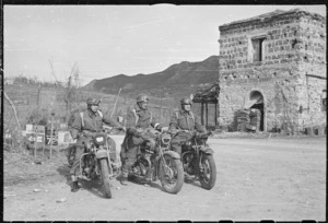 Motorcycle Dispatch Riders and Military Police from the 28th New Zealand (Maori) Battalion - Photograph taken by George Frederick Kaye