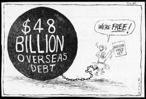 Slane, Christopher, 1957- :$48 billion overseas debt. Nuclear free act. 'We're free!' New Zealand Listener, 7 Jun 1987.