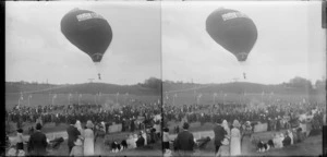 Stereoscopic photograph of a hot air balloon over the Domain, Auckland