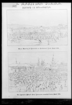 New Zealand graphic and ladies journal :Maritime strike. The Queen's Wharf - free labourers escorted home. October 1890