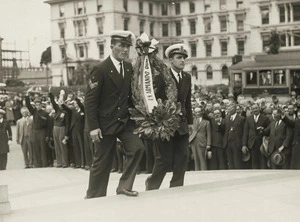 Robson, Edward Thomas, 1875-1953 :Photograph of two men from the ship R N Armando Diaz laying a wreath at the Cenotaph, Wellington