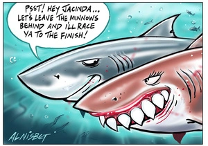 Bill English and Jacinda Ardern as sharks