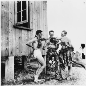 New Zealand soldiers in costume as entertainers, Fiji, during World War II