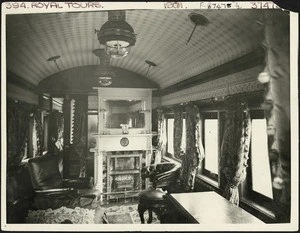 Creator unknown : Photograph of the lounge area inside the royal train carriage, used during the Duke of Cornwall & York's 1901 visit