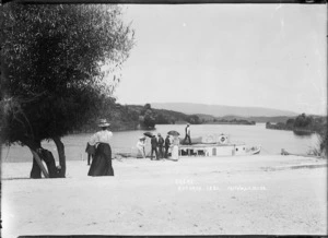 Ferry and sightseers at Okere on Lake Rotoiti