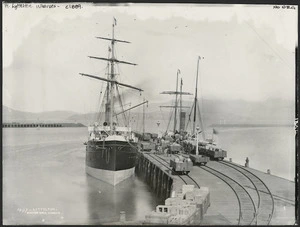 Burton Brothers, 1868-1898 (Firm, Dunedin) : Photograph of a wharf at Lyttelton, with ships alongside