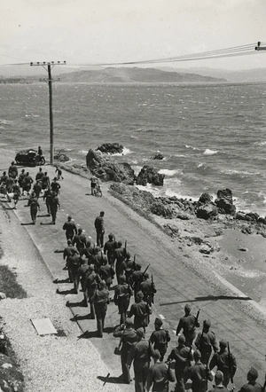 Home Guard, Somes Battalion, on a route march from Petone to Eastbourne