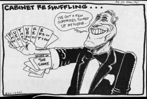 Ellison, Anthony, 1966- :Cabinet reshuffling. I've got a few surprises tucked up my sleeve. Auckland Star, 22 January 1990.
