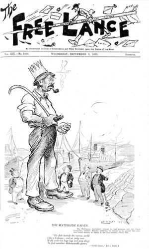 Glover, Thomas Ellis, 1891?-1938 :The waterside Kaiser. The Free Lance, 3 September 1919 (front page).