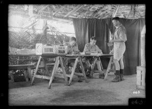 Polling booth interior in the Pacific for World War II soldiers voting in the 1943 New Zealand general elections