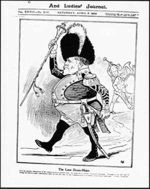 Cartoonist unknown :The lone drum-major. New Zealand Graphic and Ladies Home Journal, 5 April 1902 (front page).