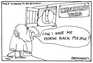 Bromhead, Peter, 1933- :Can I have my horse back please? Auckland Star, 12 August 1975.