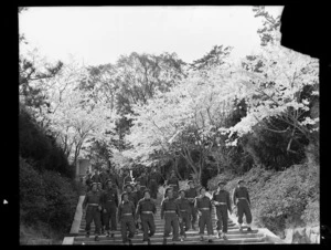 New Zealand J Force soldiers at the entrance to a park in Chofu, during the allied occupation of Japan after World War II