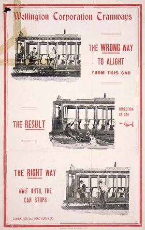 Wellington Corporation Tramways :The wrong way to alight from this car... the result ... the right way. Wait until the car stops. Lankshear, Printer, Wellington 13735 [ca 1910-1915].