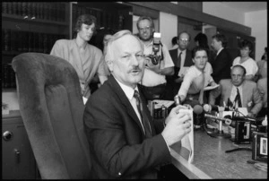 Roger Douglas at a press conference shortly before he was dismissed as Finance Minister