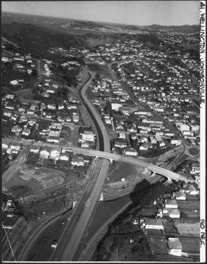 Creator unknown : Photograph of an aerial view of the suburb of Johnsonville, Wellington region, including the newly built State Highway 1 by-pass