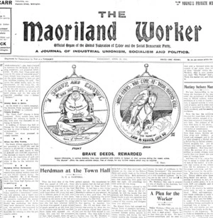 Mann, H, fl 1910s :Brave deeds, rewarded. Maoriland Worker, 29 April 1914 (front page).