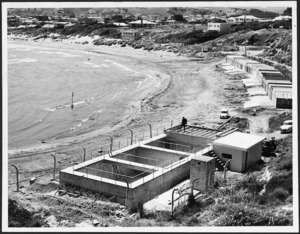 Beach front at Titahi Bay, Wellington, with a sewerage plant under construction in the foreground
