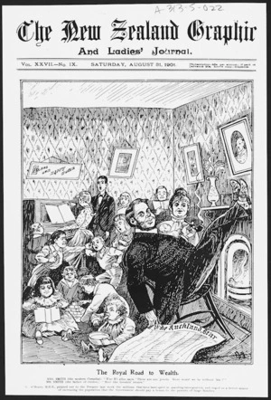 Cartoonist unknown :The royal road to wealth. New Zealand Graphic and Ladies' Journal, 31 August 1901.
