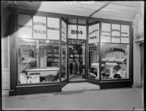 Shop window of C G Woods, builders, plumbers and gasfitters, Christchurch