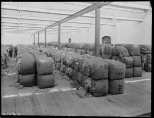 Bales of wool under shelter,[Christchurch?]