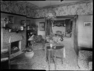Unidentified house, interior, sitting room, Christchurch