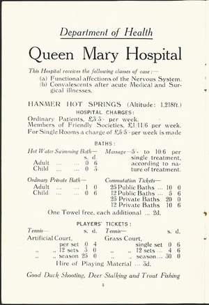 New Zealand. Department of Health :Queen Mary Hospital. Hanmer Hot Springs [Bath and tennis court fees. ca 1925]