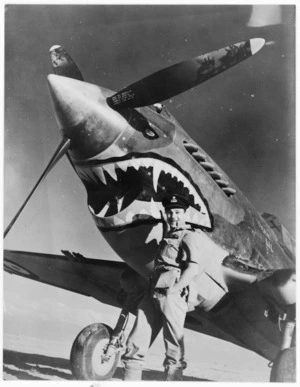 Royal Air Force aeroplane with painted shark jaws, and airman