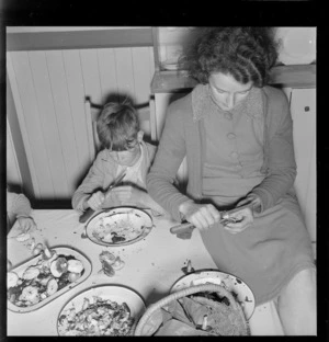 Grace Porter, and her son Bobby preparing mushrooms at Manuka Point Station, Canterbury