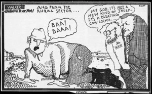 Malcolm Walker, 1950- :Believe it or not! And from the rural sector...'Baa! Baa!' 'My God, it's NOT a new kind of sheep - it's a bleating cow cockie...' Sunday News, 8 June 1986.